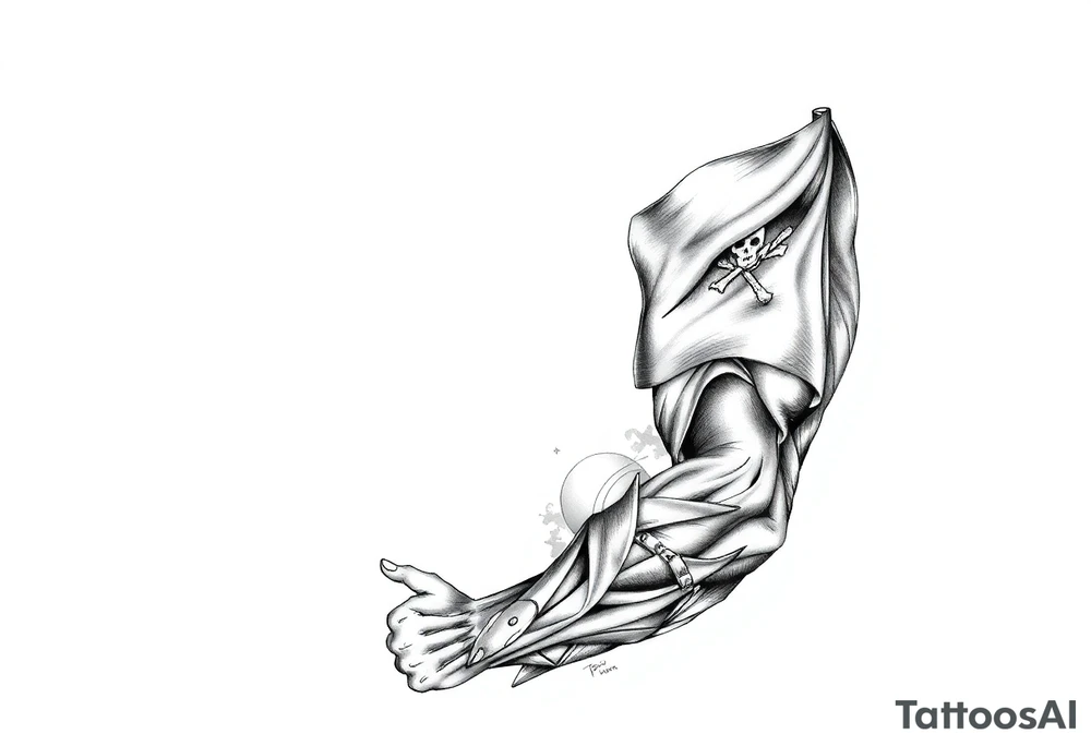 Full sleeve with pirate flag, sun rise, tattoo idea