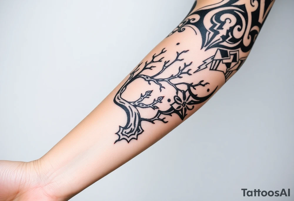 right arm sleeve, tree branch made of stone, clouds and lightning mixed throughout, tattoo idea