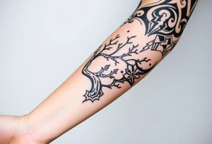 right arm sleeve, tree branch made of stone, clouds and lightning mixed throughout, tattoo idea