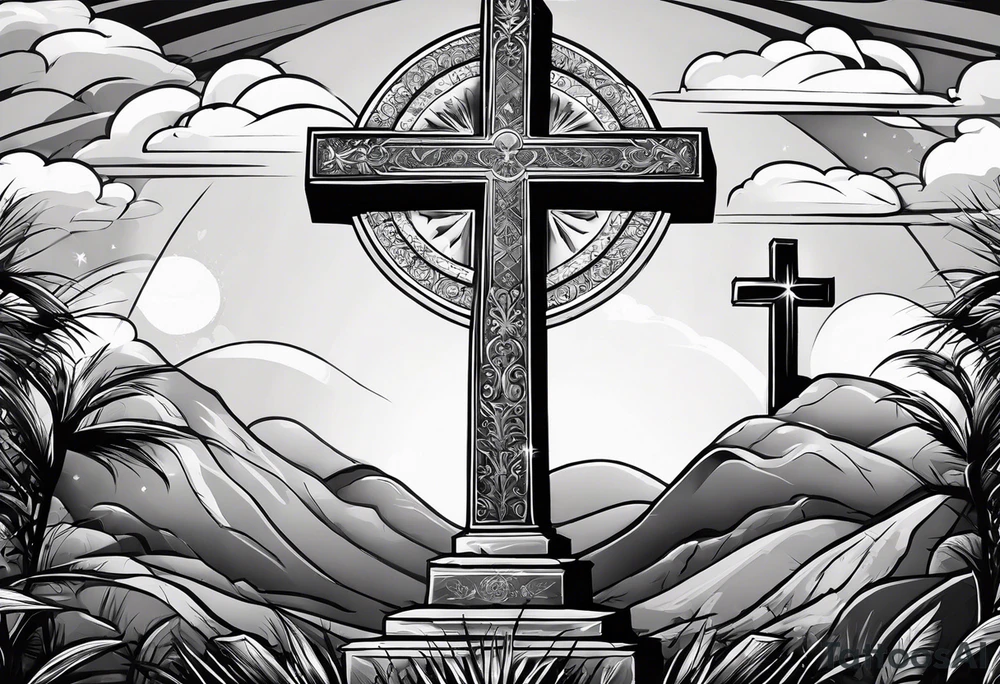 Tomb with cross and sun in the background tattoo idea