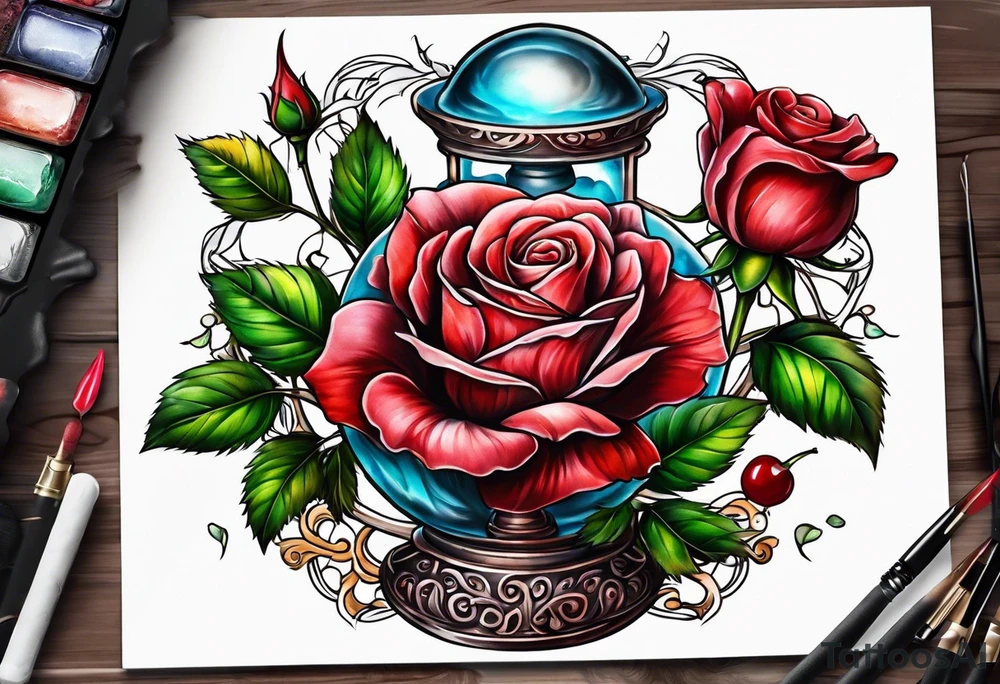 Rose beside hourglass with cherry tree tattoo idea