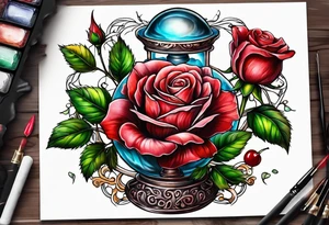 Rose beside hourglass with cherry tree tattoo idea