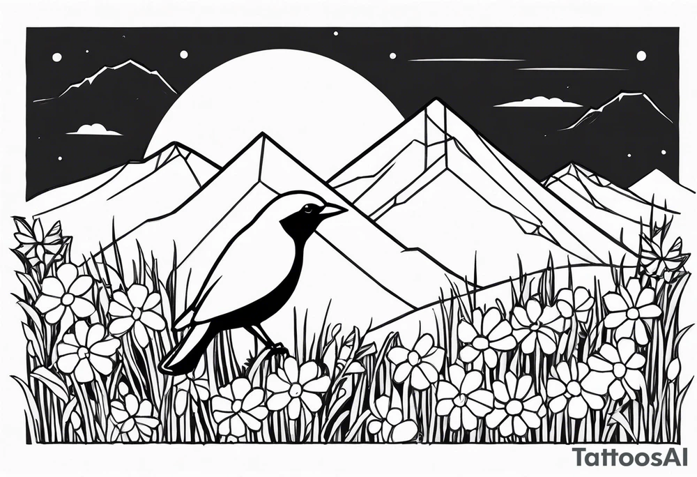 Geometric small bird outline sitting in grass and daisys with mountains in the background tattoo idea