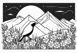 Geometric small bird outline sitting in grass and daisys with mountains in the background tattoo idea