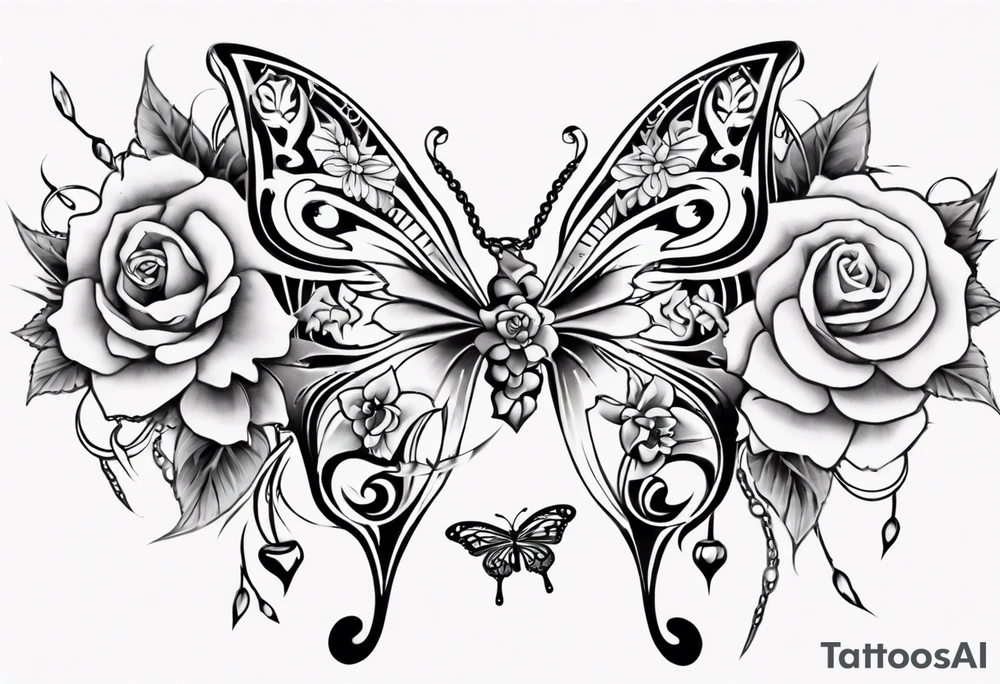 Ankle bracelet tattoo with flowers and butterflies and larger in the centre tattoo idea