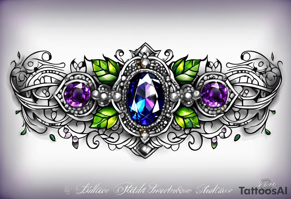 Delicate but strong garter tattoo band with sprinkles of stars and the amethyst, blue sapphire and peridot birthstones tattoo idea