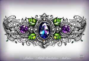 Delicate but strong garter tattoo band with sprinkles of stars and the amethyst, blue sapphire and peridot birthstones tattoo idea