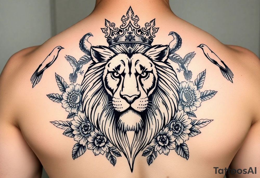 powerful majestic lion with a crown, surrounded by floral ornaments and birds tattoo idea