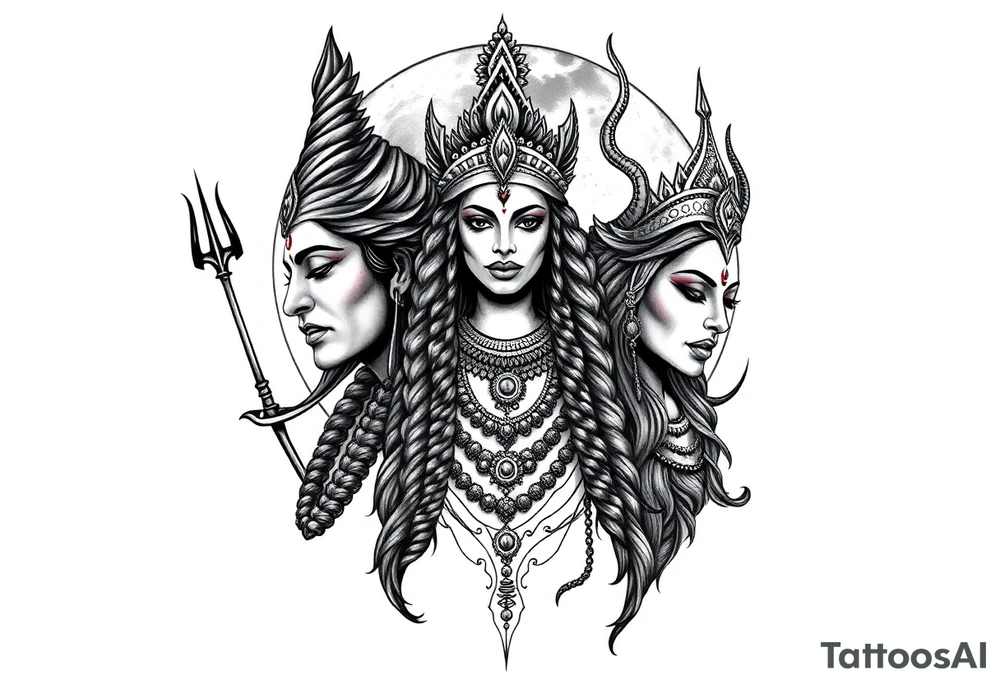 Lord Shiva, Godess Kali, Godess Lilith Together with the moon in the background tattoo idea