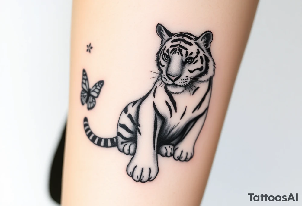 Tiger sitting down with paw up and on the paw is sitting a butterfly and there’s two butterflies on each side tattoo idea