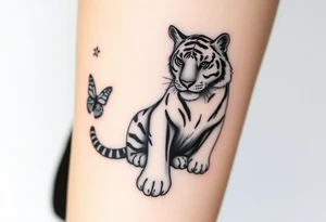 Tiger sitting down with paw up and on the paw is sitting a butterfly and there’s two butterflies on each side tattoo idea
