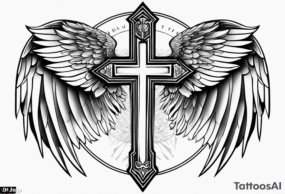 angel wings tattoo with a cross and the letters DJ in it tattoo idea