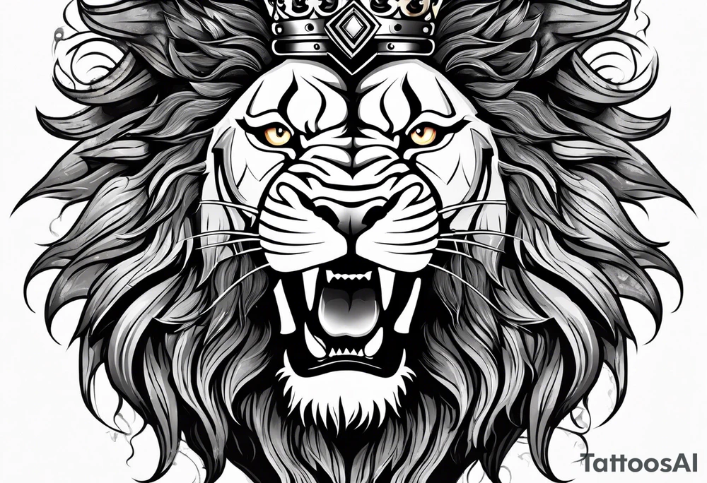 lion with a crown and sparkling eyes and mouth open teeth showing and blood coming out tattoo idea