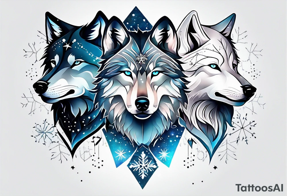 Constellation, two animal wolf, snowflake tattoo idea