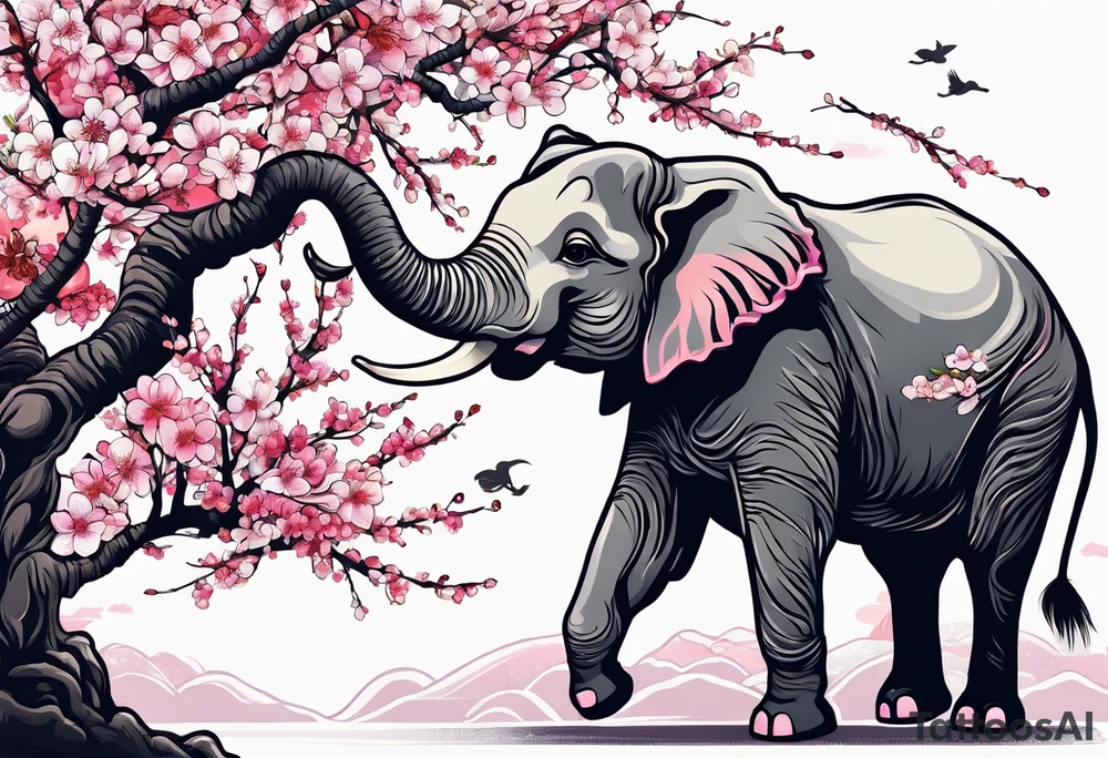 japanese cherry blossoms with a fun elephant in the background tattoo idea
