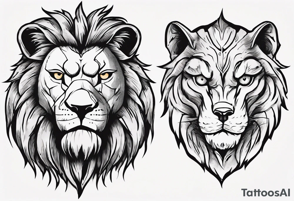 A lion looking forward, with a stern expression. Behind and to the left of the lion, is a wolf looking slightly to the left, with a stern expression. Behind and to the right of the lion, is an owl looking slightly to the right, with a stern expression. tattoo idea