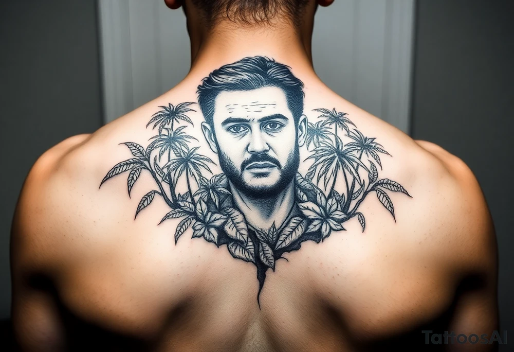 သား Inside of a photo the subject of the photo surrounded by a tropical forest tattoo idea