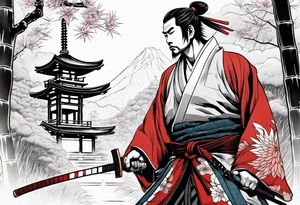 Irezumi style samurai in front of shinto shrine in bamboo grove tattoo idea