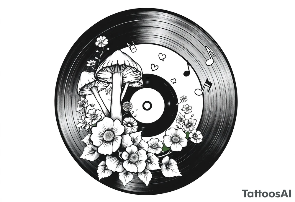 vinyl record with mushrooms, flowers, hearts, and music notes tattoo idea