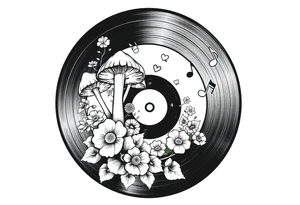 vinyl record with mushrooms, flowers, hearts, and music notes tattoo idea