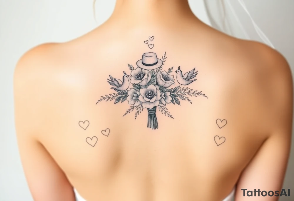 A floral wedding bouguet with hearts, doves, top hat and veil. tattoo idea