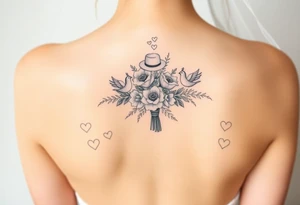 A floral wedding bouguet with hearts, doves, top hat and veil. tattoo idea