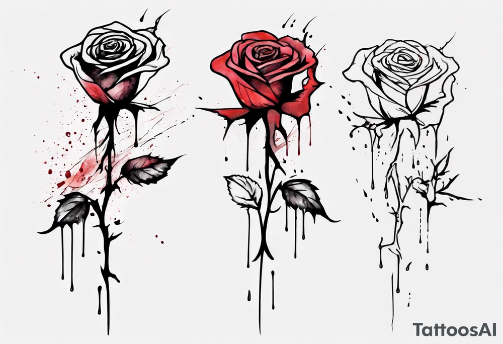rose flower, one line, blood dripping from the flower, tall, watercolor tattoo idea