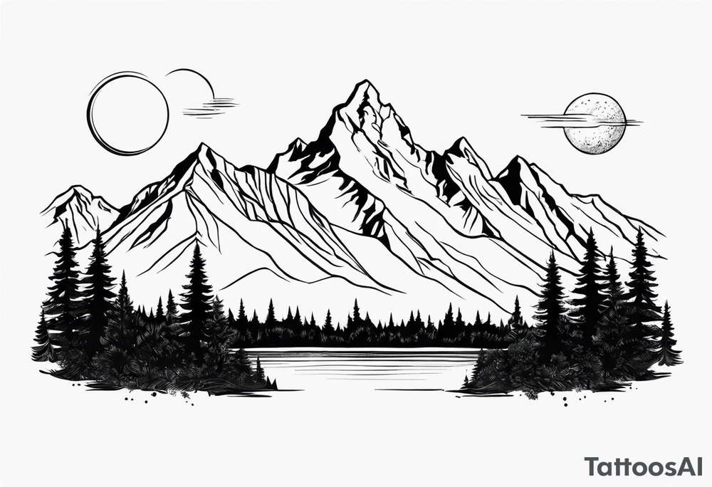 Half sleeve of Teton mountain range, moon In the sky and a few for trees tattoo idea