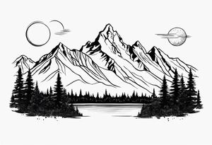 Half sleeve of Teton mountain range, moon In the sky and a few for trees tattoo idea