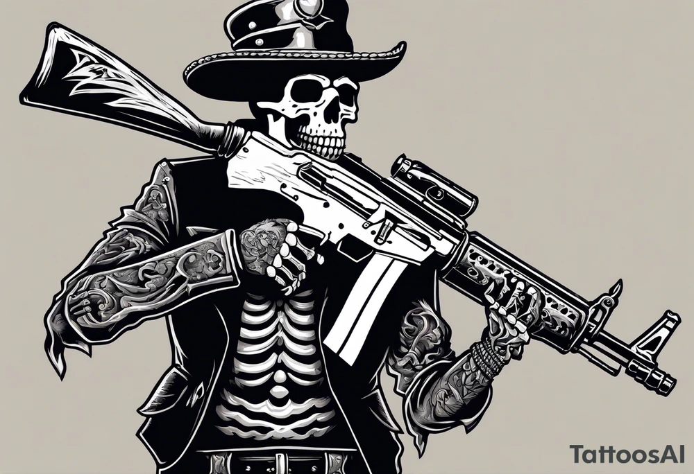 image of a skeleton standing frontally with a crown on his head, holding an AK-47 on his shoulder with his right hand. The chain on the left should be taut, there are three angry barking Dobermans in it, near the waist tattoo idea
