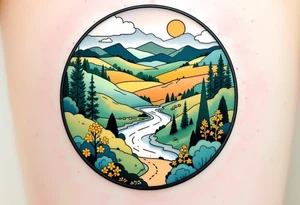 A landscape inside a bike wheel, with rolling hills, a flowing river, and a winding trail, colored in soft greens, blues, and warm yellows. tattoo idea