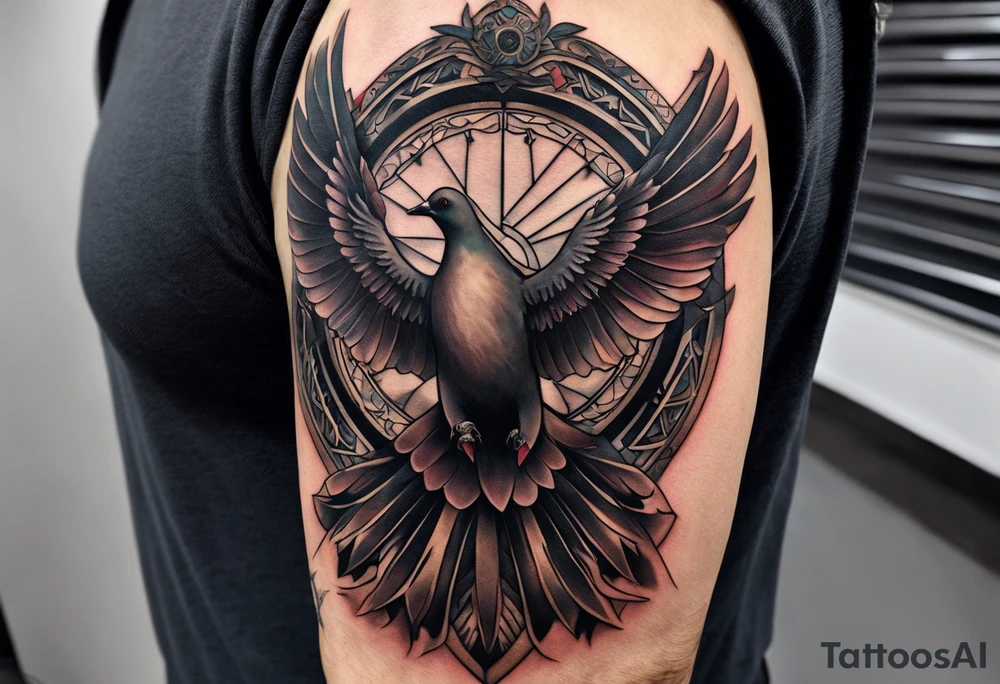 A full tattoo sleeve with a strong, masculine design, featuring a central motif of a majestic dove in flight, symbolizing peace and freedom. The dove is depicted with detailed feathers and dynamic movement, making it the focal point of the sleeve. Positioned subtly yet prominently, an intricately detailed eye within an equilateral triangle is incorporated into the design, representing the all-seeing eye or third eye. This eye is carefully shaded to blend seamlessly with the overall design, providing a symbolic layer without overshadowing the dove. Surrounding these elements, incorporate roses and leaves, rendered with rich, deep shading to create a cohesive and elegant backdrop. The roses, symbolizing beauty and resilience, and the leaves, adding a touch of natural grace, weave around the dove and eye, creating a harmonious and integrated look. The design features bold shading and contrasts, enhancing the details of both the dove and the floral elements, resulting in a powerful and balanced masculine sleeve with a blend of symbolic and artistic depth. tattoo idea