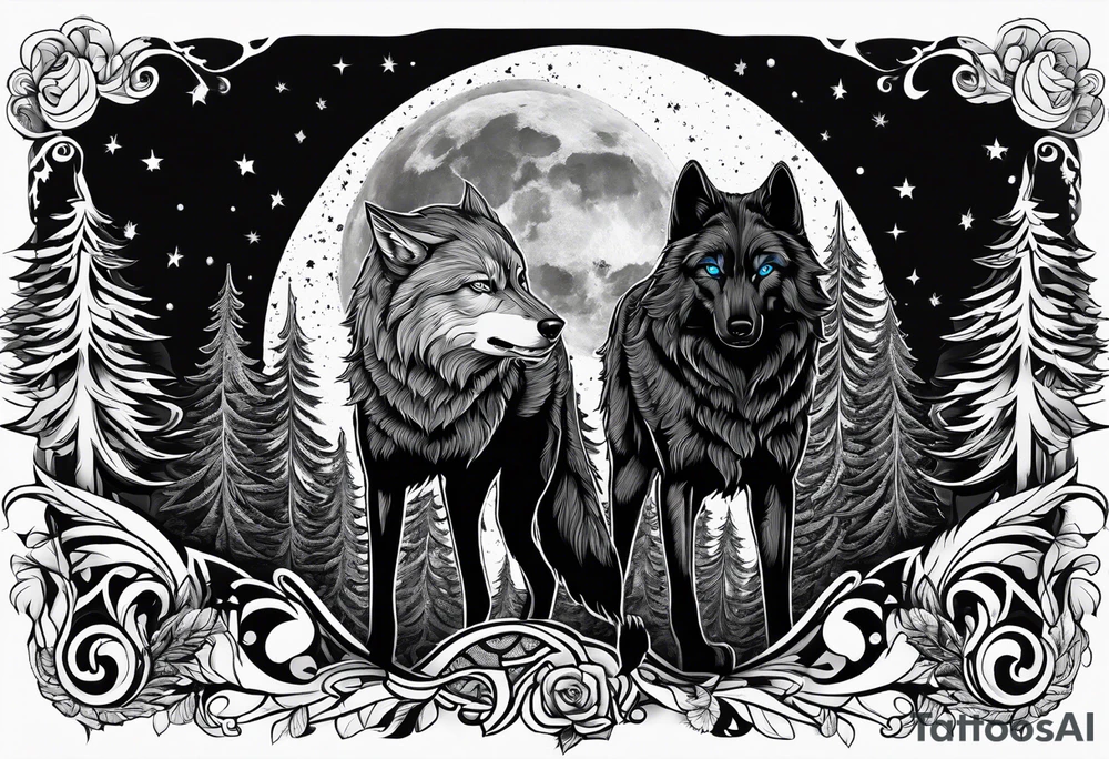 Blue eyes black wolf with moon and forest tattoo idea