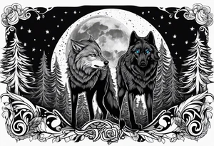 Blue eyes black wolf with moon and forest tattoo idea