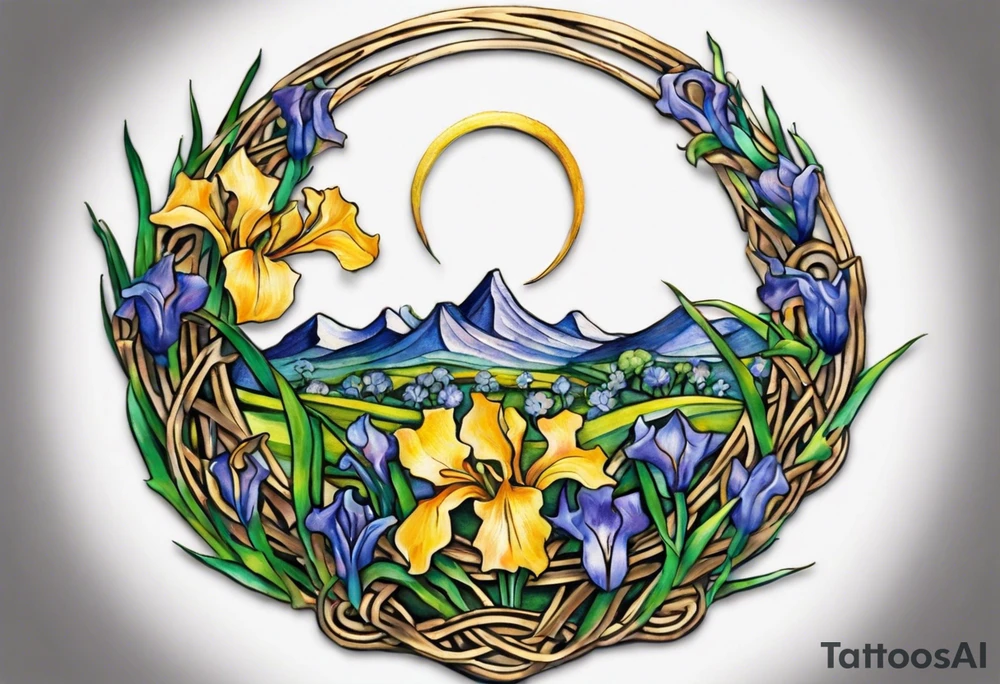 Create a small, colorful Vincent van Gogh Irises tattoo in the form of a crescent, with vines in Celtic knot style gracefully intertwining at a central point in the middle of the wreath. The intended placement is on the upper chest. The middle needs mountains. The overall design should be small in size while maintaining a delicate and artistic aesthetic. Pay attention to the graceful flow of the vines and the placement of the irises to achieve a refined and elegant look. tattoo idea