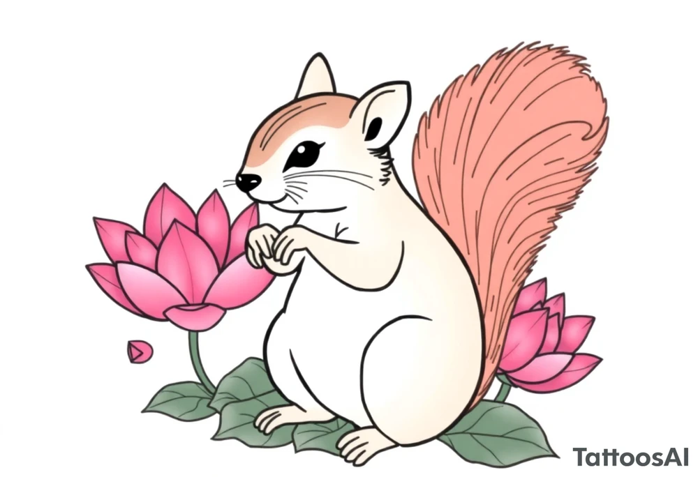 Fierce rabbid squirrel blooming lotus flowers tattoo idea