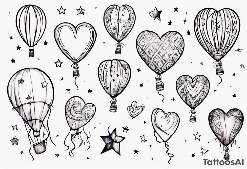 Little girl holding on to heart and star balloons and going up to the sky tattoo idea