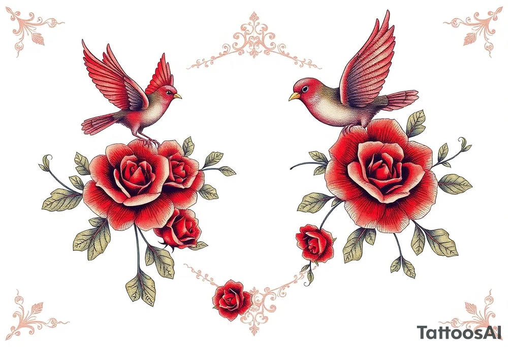 Vintage lace, red roses, red birds, vintage, wrap around, tighter together, no space open tattoo idea
