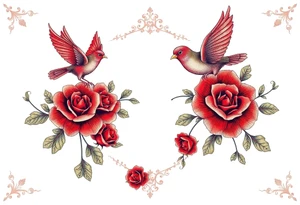 Vintage lace, red roses, red birds, vintage, wrap around, tighter together, no space open tattoo idea