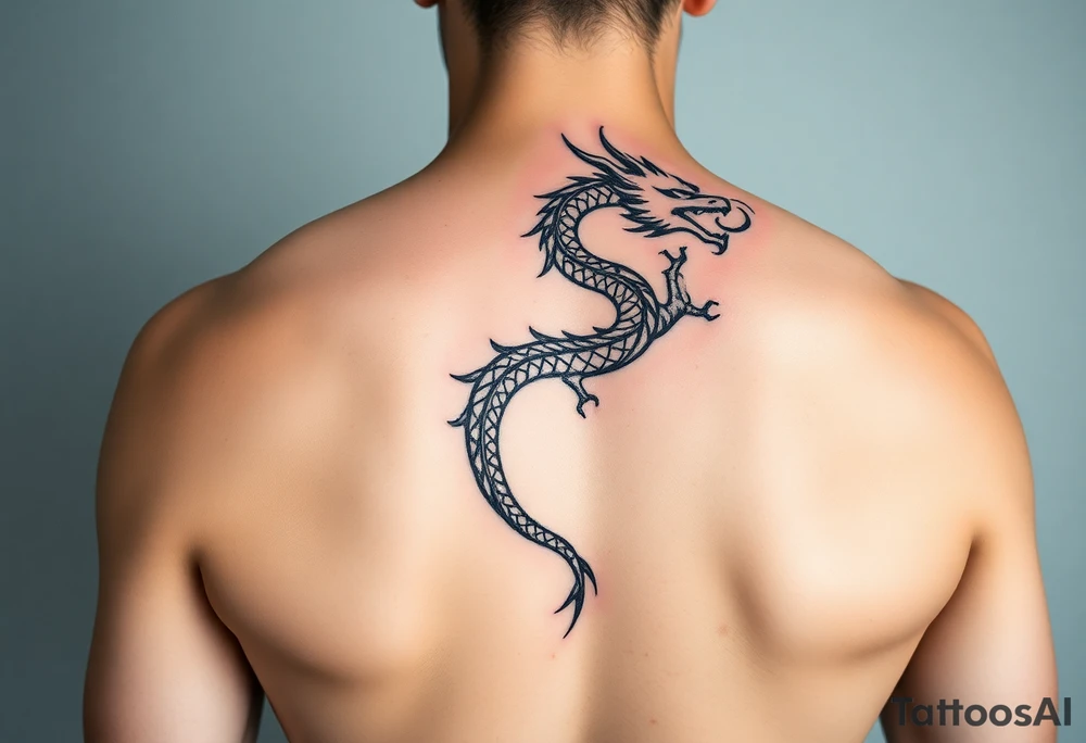 A refined black ink tattoo design for the back,  a minimalist tribal-style dragon curls in a spirals along the spine, symbolizing inner power and spiritual awakening. tattoo idea