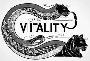 A snake and a panther wrap around the word "vitality" tattoo idea