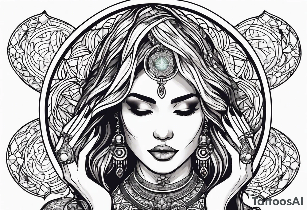 Woman , hands over head , holding orb of life tattoo idea