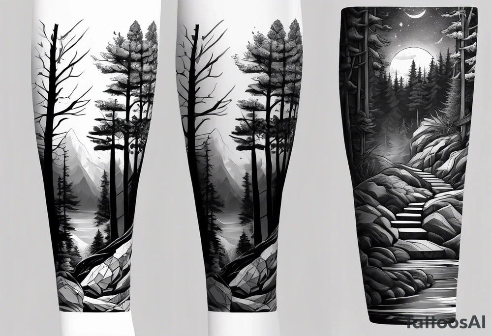 forearm sleeve, time, stairs, forest tattoo idea