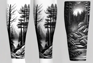 forearm sleeve, time, stairs, forest tattoo idea