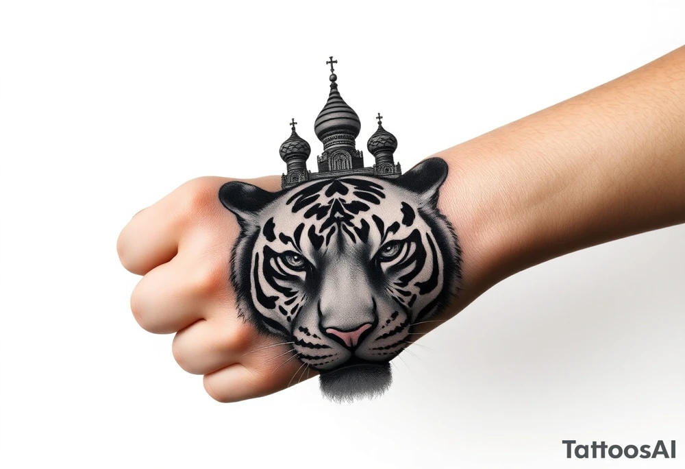 Realistic tiger face on the back of the hand with strong contrast and fine detail with hollow black eyes. with a highly detailed Russian Orthodox cathedral sitting above on fore arm with onion domes and orthodox crosses, done in fine line, engraving-like style. Cohesive composition, black ink only, no color, high contrast, slightly aged, documentary-style, plain light background. with clouds above and a virgin mary tattoo idea