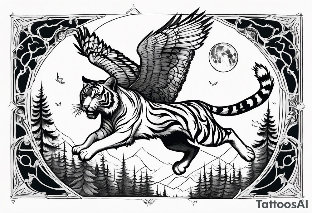 Tiger hunting a flying owl underneath a full moon in a forest tattoo idea