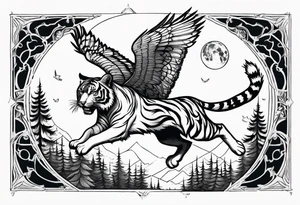 Tiger hunting a flying owl underneath a full moon in a forest tattoo idea