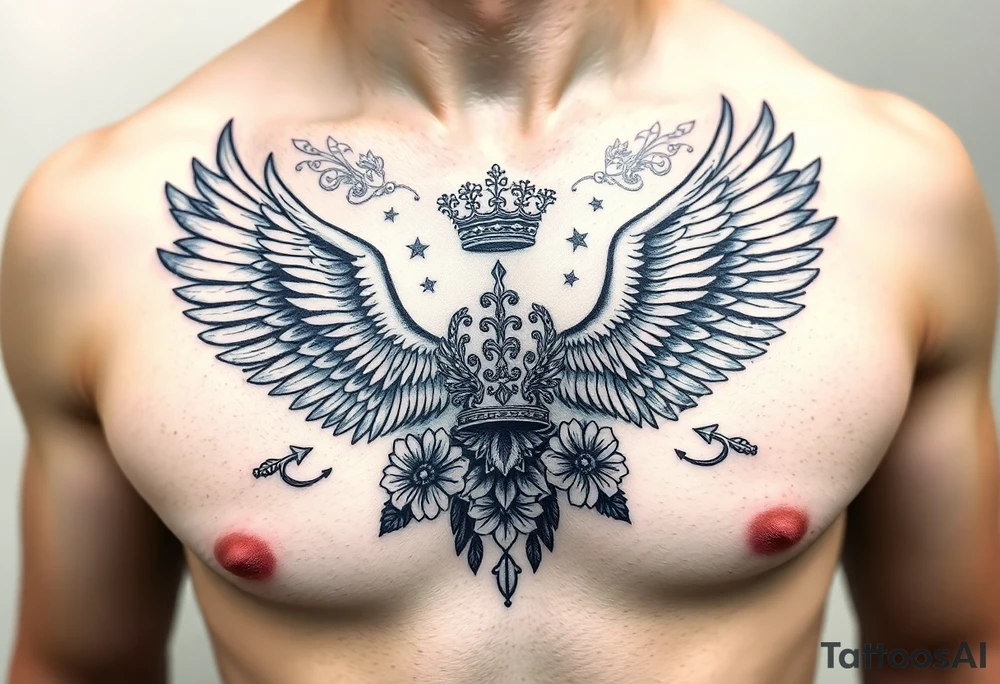 Chest tattoo,powerful two symetrical majestic eagles, surrounded by floral ornaments and lure, between eagles a crown tattoo idea