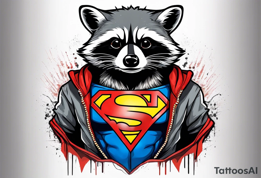 raccoon wearing a Superman hoodie tattoo idea