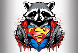 raccoon wearing a Superman hoodie tattoo idea